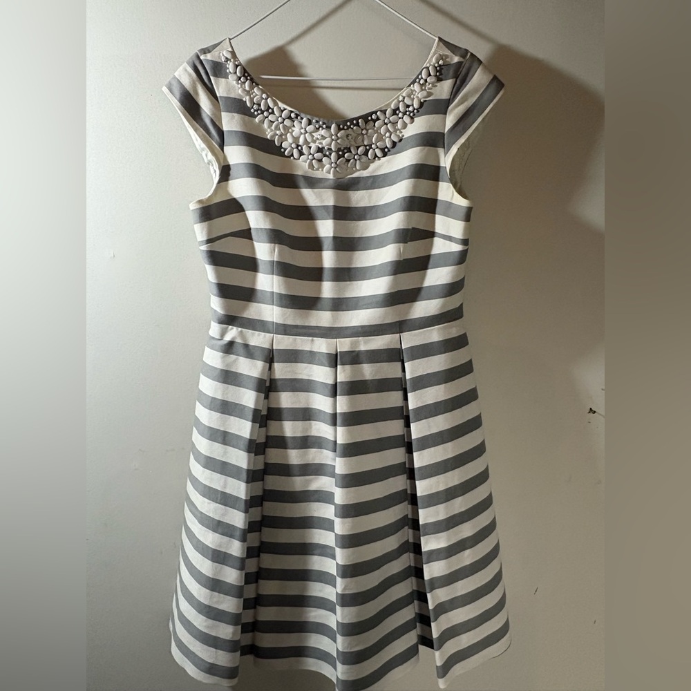 kate spade Gray & White Striped Embellished Neckline Midi Dress